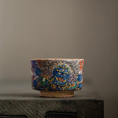 Hand-Painted Mahakala Tea Cup - Wabi-Sabi Style Ceramic Chawan - Jiujue Tang Artisan Collection