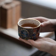 Hand-Painted Mahakala Tea Cup - Wabi-Sabi Style Ceramic Chawan - Jiujue Tang Artisan Collection