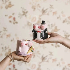 French Romantic Couple Mug - Wedding Piggy Coffee Cup Set, Bride & Groom Gift for Newlyweds