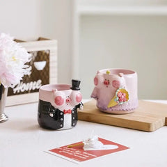 French Romantic Couple Mug - Wedding Piggy Coffee Cup Set, Bride & Groom Gift for Newlyweds