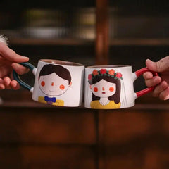 Japanese-style Cute Ceramic Mug Set - Hand-Painted Cartoon Coffee Cups for Couples, Kawaii Drinkware