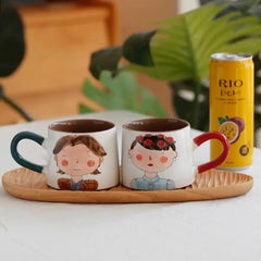 Japanese-style Cute Ceramic Mug Set - Hand-Painted Cartoon Coffee Cups for Couples, Kawaii Drinkware