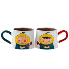 Japanese-style Cute Ceramic Mug Set - Hand-Painted Cartoon Coffee Cups for Couples, Kawaii Drinkware