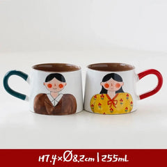 Japanese-style Cute Ceramic Mug Set - Hand-Painted Cartoon Coffee Cups for Couples, Kawaii Drinkware