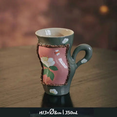 Handcrafted Vintage Oatmeal Twist Mug - Large Ceramic Coffee Cup for Breakfast, High Handle Retro Design