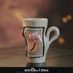 Handcrafted Vintage Oatmeal Twist Mug - Large Ceramic Coffee Cup for Breakfast, High Handle Retro Design