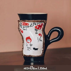Handcrafted Vintage Oatmeal Twist Mug - Large Ceramic Coffee Cup for Breakfast, High Handle Retro Design