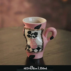Handcrafted Vintage Oatmeal Twist Mug - Large Ceramic Coffee Cup for Breakfast, High Handle Retro Design
