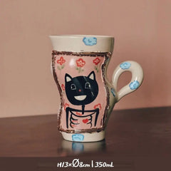 Handcrafted Vintage Oatmeal Twist Mug - Large Ceramic Coffee Cup for Breakfast, High Handle Retro Design