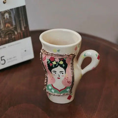 Handcrafted Vintage Oatmeal Twist Mug - Large Ceramic Coffee Cup for Breakfast, High Handle Retro Design