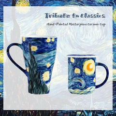 Van Gogh Inspired Mug - Hand-Painted Masterpiece Ceramic Cup with Lid, Large Office Drinkware & Art Gift