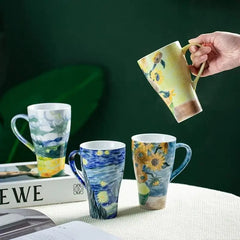 Van Gogh Inspired Mug - Hand-Painted Masterpiece Ceramic Cup with Lid, Large Office Drinkware & Art Gift