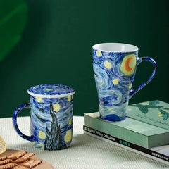 Van Gogh Inspired Mug - Hand-Painted Masterpiece Ceramic Cup with Lid, Large Office Drinkware & Art Gift