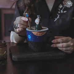 Whimsical Couple's Mug Set - Cartoon Ceramic Cups with Lids & Spoons, Cute Drinkware for Coffee/Milk