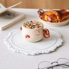 Handcrafted Pretzel Ceramic Set - Artisan Coffee Cup & Saucer, German-Inspired Drinkware