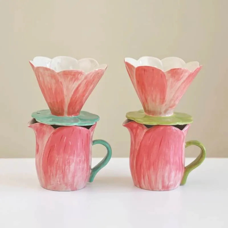 Handmade Floral Ceramic Coffee Set - Pour-Over Pot & Cup Duo