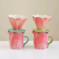 Handmade Floral Ceramic Coffee Set - Pour-Over Pot & Cup Duo
