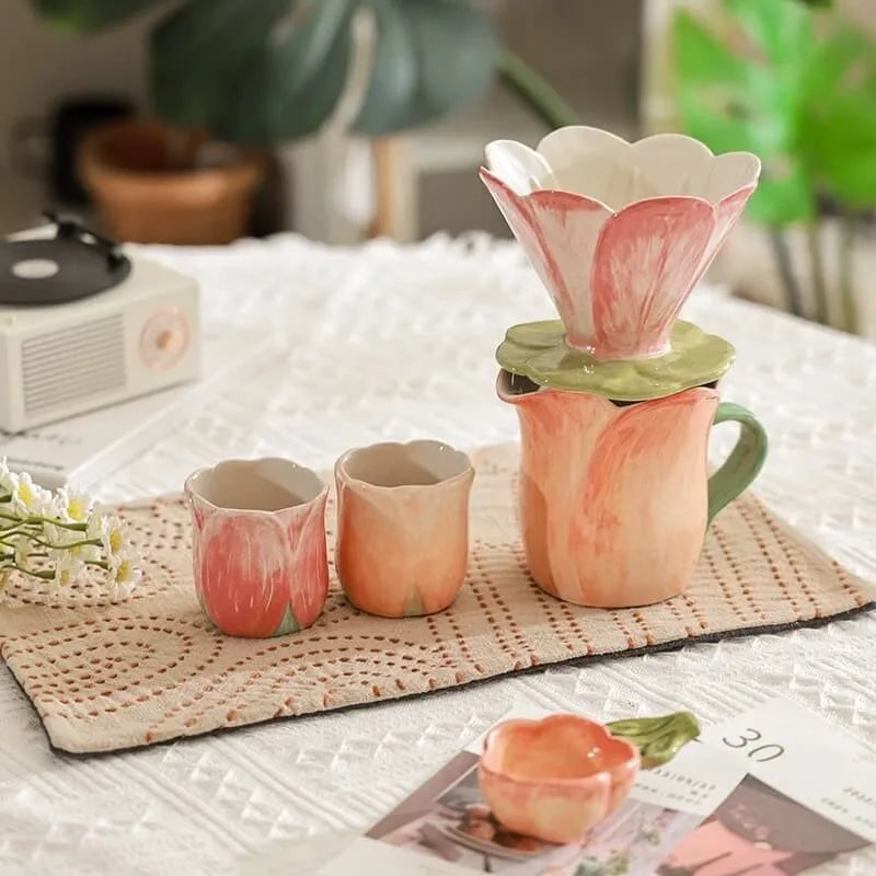 Handmade Floral Ceramic Coffee Set - Pour-Over Pot & Cup Duo