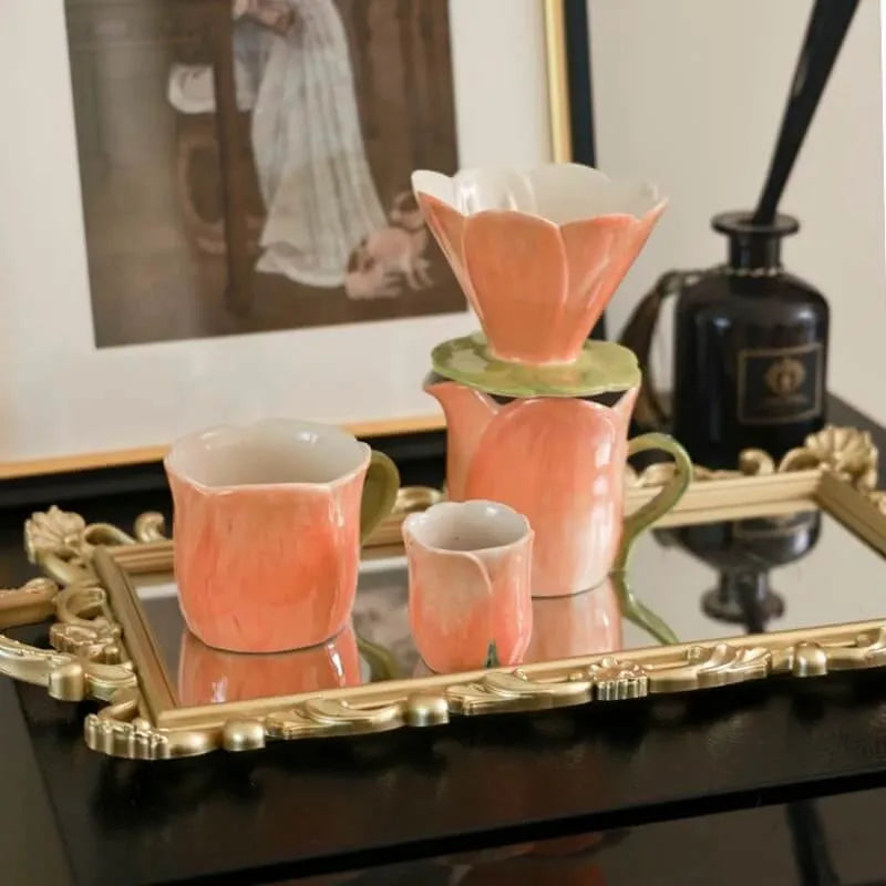 Handmade Floral Ceramic Coffee Set - Pour-Over Pot & Cup Duo