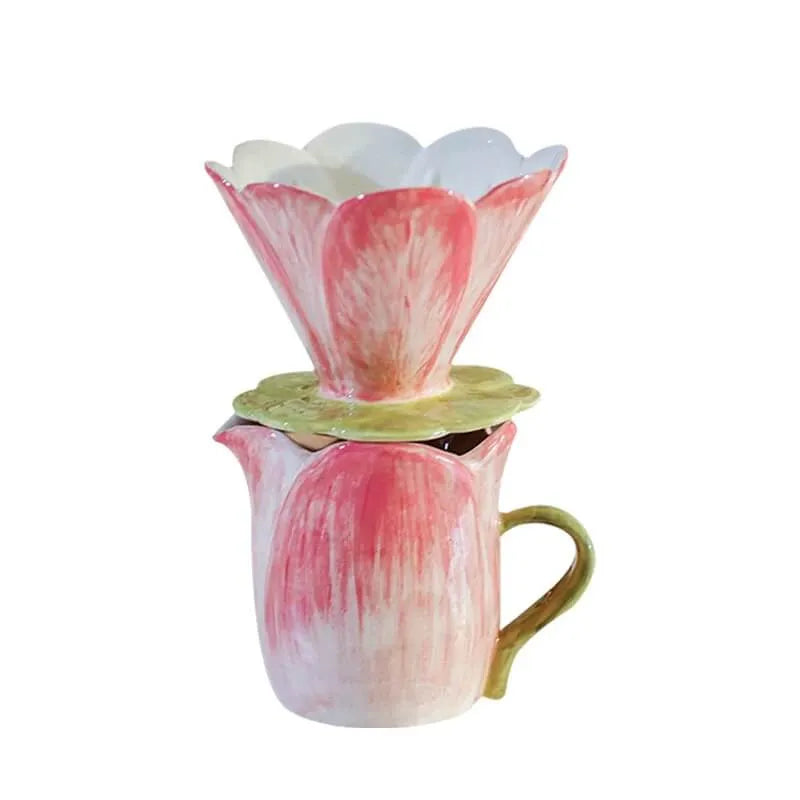 Handmade Floral Ceramic Coffee Set - Pour-Over Pot & Cup Duo