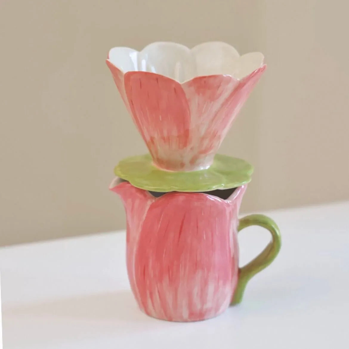 Handmade Floral Ceramic Coffee Set - Pour-Over Pot & Cup Duo