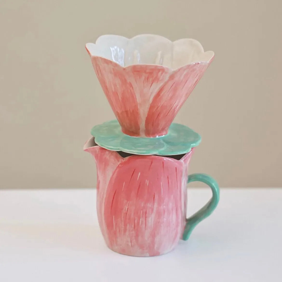 Handmade Floral Ceramic Coffee Set - Pour-Over Pot & Cup Duo