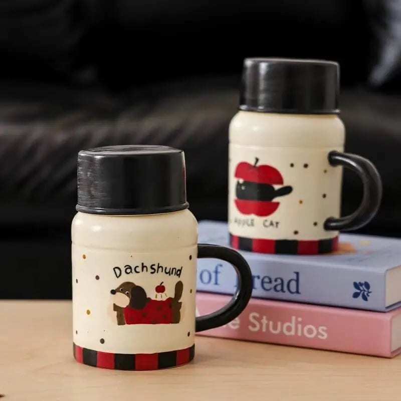 Cartoon Lidded Tumbler - Large Ceramic Water Cup for Home, Cute & Stylish Drinkware