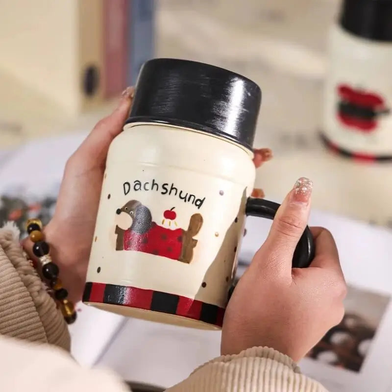 Cartoon Lidded Tumbler - Large Ceramic Water Cup for Home, Cute & Stylish Drinkware