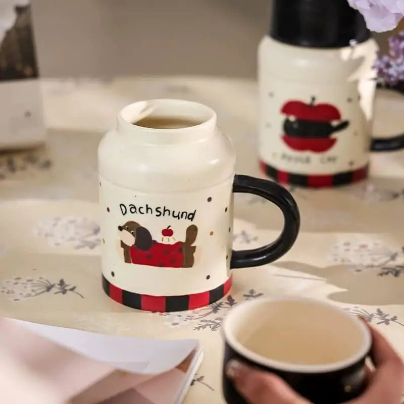 Cartoon Lidded Tumbler - Large Ceramic Water Cup for Home, Cute & Stylish Drinkware
