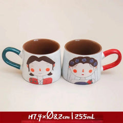 Japanese-style Cute Ceramic Mug Set - Hand-Painted Cartoon Coffee Cups for Couples, Kawaii Drinkware