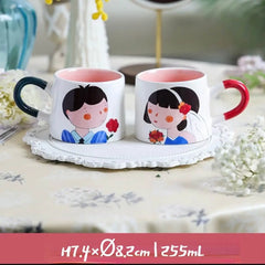 Japanese-style Cute Ceramic Mug Set - Hand-Painted Cartoon Coffee Cups for Couples, Kawaii Drinkware