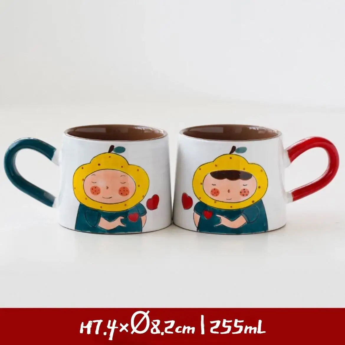 Japanese-style Cute Ceramic Mug Set - Hand-Painted Cartoon Coffee Cups for Couples, Kawaii Drinkware