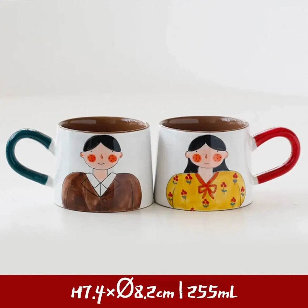 Japanese-style Cute Ceramic Mug Set - Hand-Painted Cartoon Coffee Cups for Couples, Kawaii Drinkware