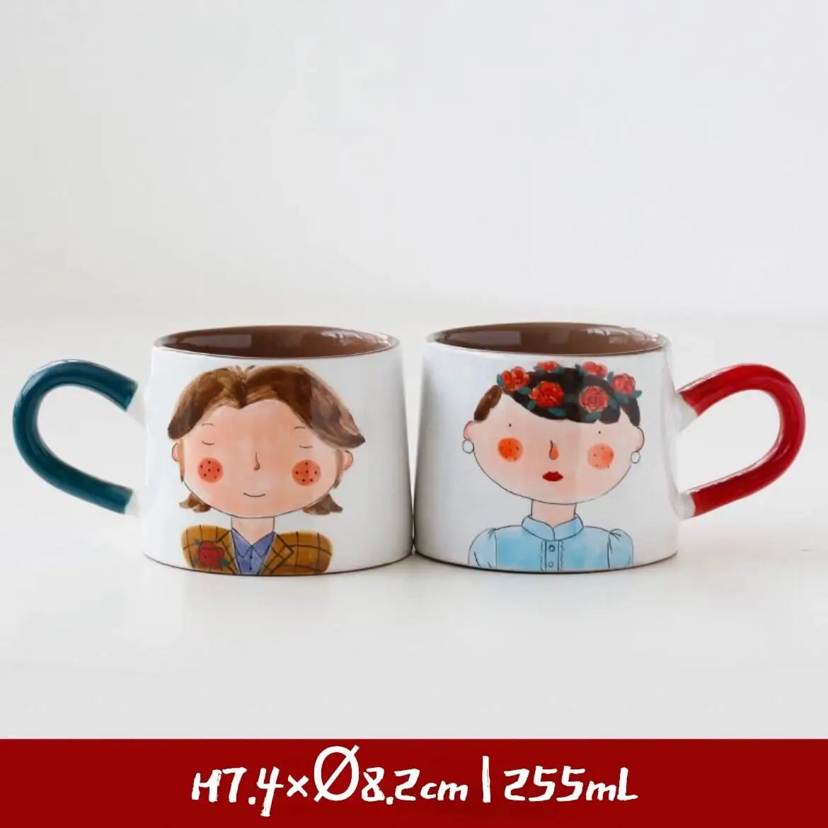 Japanese-style Cute Ceramic Mug Set - Hand-Painted Cartoon Coffee Cups for Couples, Kawaii Drinkware